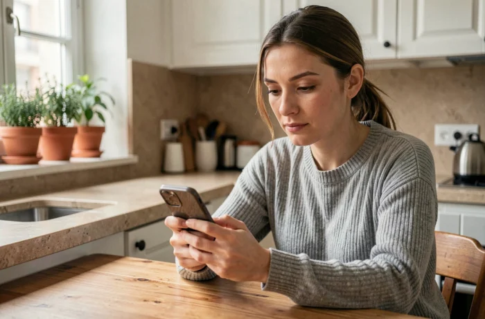 Femme accédant à son compte MyPeopleDoc sur smartphone depuis sa cuisine