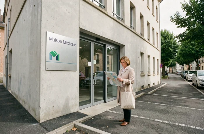 Femme consultant un plan devant l'entrée de la maison médicale de Montbrison