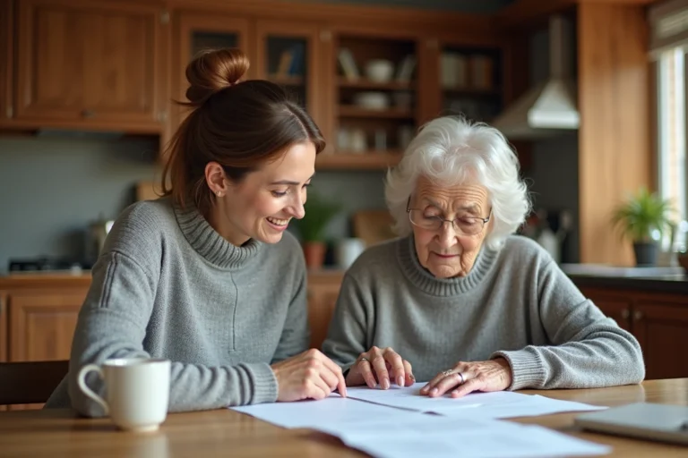 Une femme aide une personne âgée à gérer ses documents administratifs dans une cuisine chaleureuse, illustrant l'accompagnement des parents au quotidien