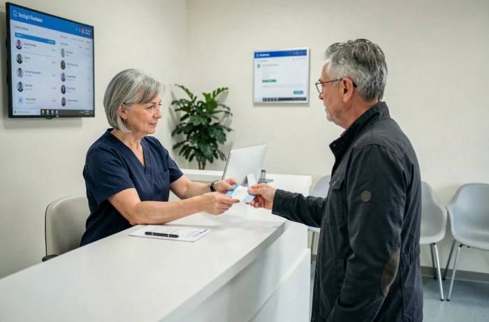 Réceptionniste remettant un rendez-vous à un patient à l'accueil de la maison médicale
