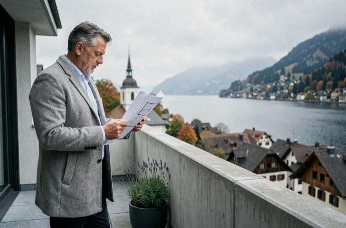 Homme étudiant les plans d'un appartement sur une terrasse moderne avec vue panoramique sur une ville lacustre suisse en automne