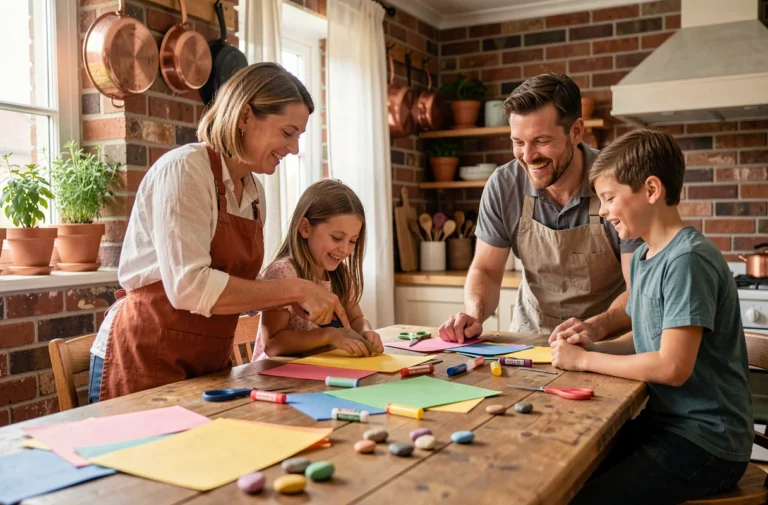 Famille réunie autour d'une table en bois pour une activité créative de bricolage avec papiers colorés et matériaux artisanaux