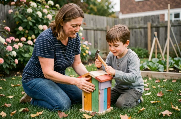 Mère et fils construisant ensemble une cabane à oiseaux en bois dans le jardin lors d'une activité manuelle en famille