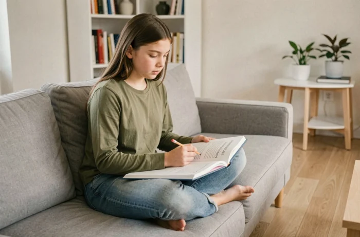 Adolescente révisant des exercices de rédaction français sur le canapé avec son manuel scolaire