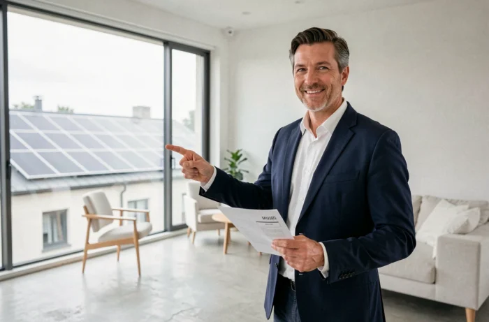 Agente imobiliário apresentando a mais-valia de um imóvel equipado com painéis solares