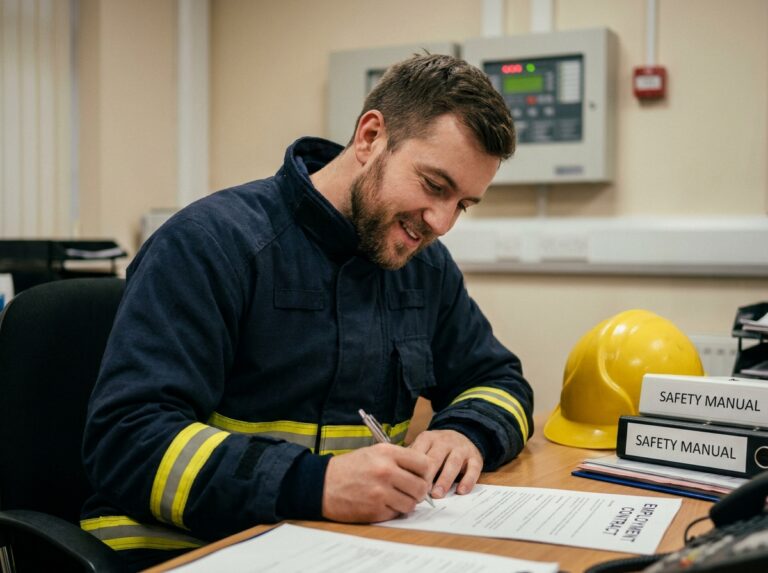 Agent de sécurité incendie signant un contrat CDI dans un bureau professionnel