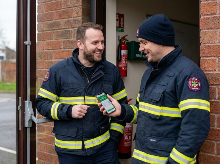 Deux agents de sécurité incendie discutant de l'évolution salariale lors d'un passage en CDI