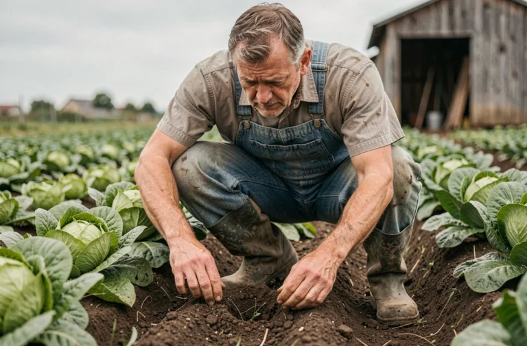 Agriculteur inspectant le sol de ses cultures pour prévenir l'apparition de pupes de mouches