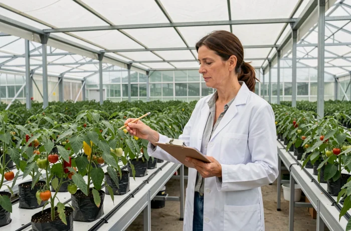 Agronome inspectant des cultures en serre commerciale pour détecter et prévenir les infestations de pupes de mouches