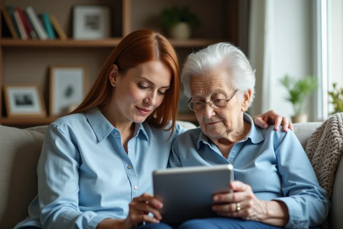 Une femme aide sa mère âgée à utiliser une tablette numérique dans un salon familial, illustrant l'accompagnement technologique des parents seniors