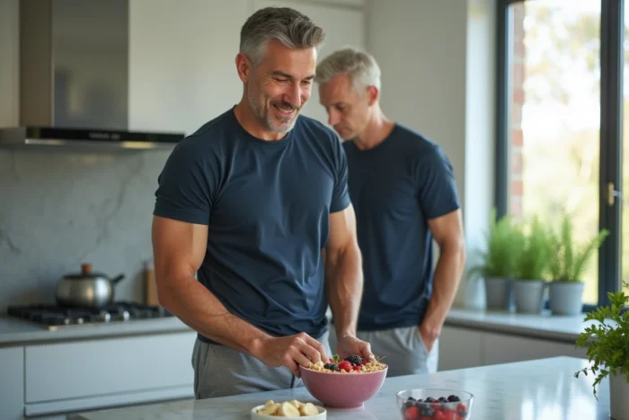 Homme préparant un bol de smoothie sain dans une cuisine moderne dans le cadre d'une alimentation équilibrée