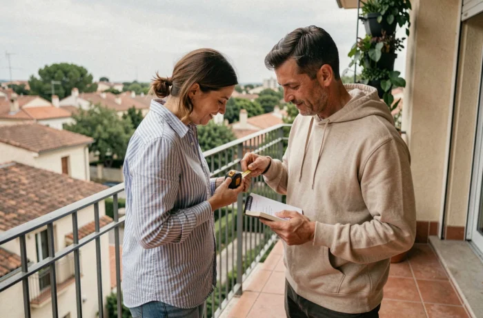 Couple mesurant un balcon d'appartement pour aménager un jardin vertical et optimiser l'espace extérieur urbain