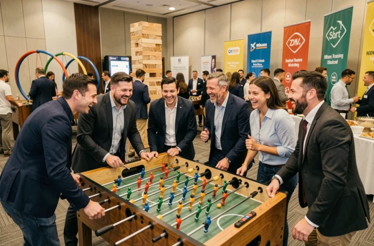 Collègues jouant au baby-foot lors d'une fête d'entreprise avec des animations ludiques dans une salle moderne