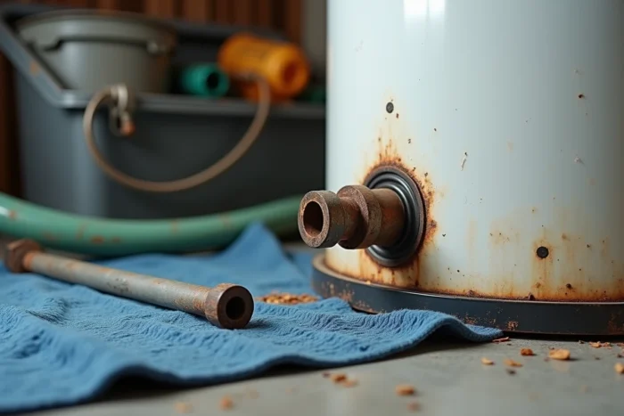 Anode sacrificielle calcifiée d'un ballon d'eau chaude lors d'une opération de maintenance