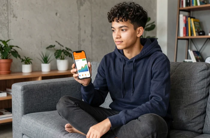 Jeune personne consultant les statistiques de consommation internet mobile Orange sur son téléphone depuis son canapé