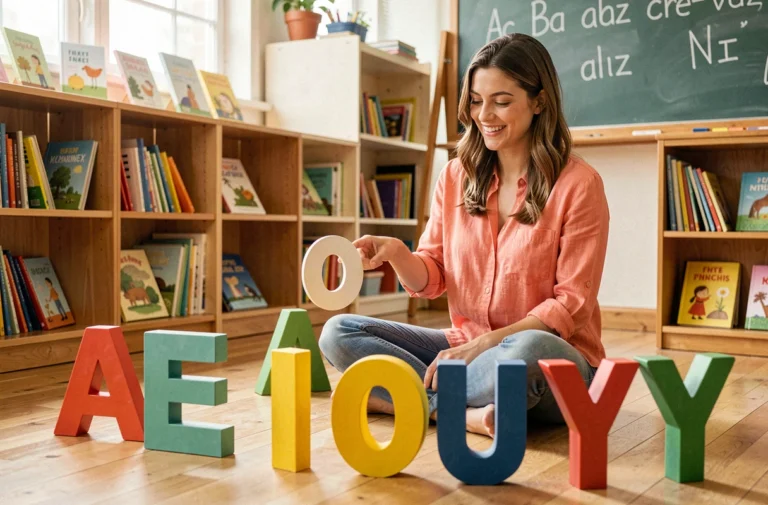 Jeune femme entourée de lettres voyelles colorées A E I O U Y sur le sol d'une salle de classe, méthode ludique pour apprendre les voyelles