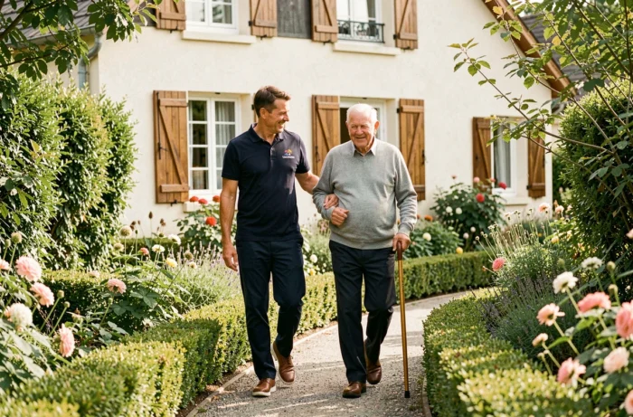 Auxiliaire de vie accompagnant une personne âgée dans son jardin, illustrant les services à domicile de l'Âge d'Or