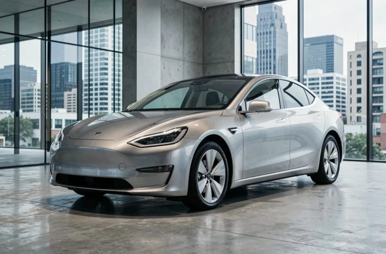 Berline électrique moderne exposée dans un showroom contemporain avec des reflets sur la carrosserie argentée