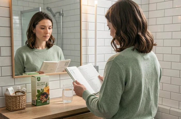 Femme consultant son journal de cure Lulutox dans une salle de bain avec les produits détox visibles sur le meuble vasque