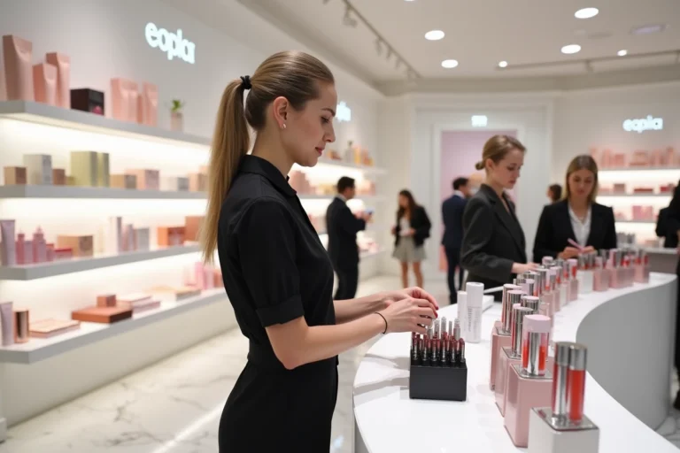 Intérieur d'une boutique de beauté moderne avec des rayons de produits cosmétiques haut de gamme et une vendeuse en uniforme noir