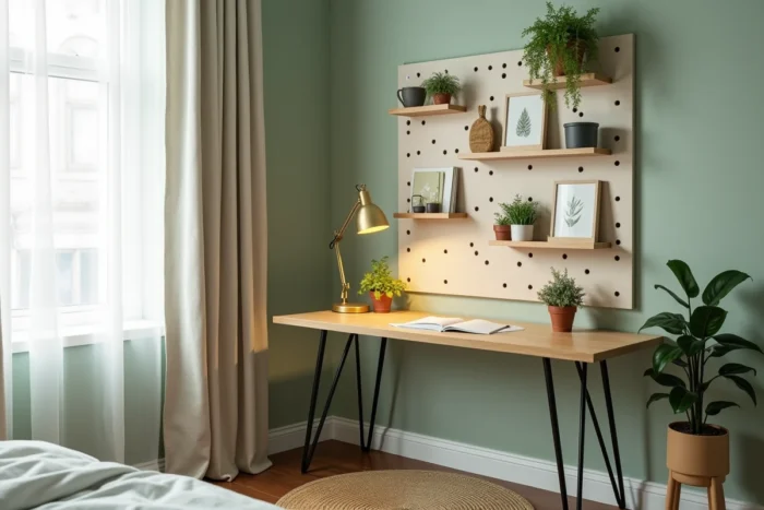 Bureau à domicile aménagé dans une alcôve avec bureau en chêne blanc, organisateur mural et plantes succulentes pour une décoration tendance
