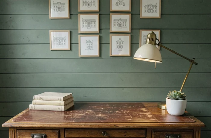 Bureau à domicile avec bureau en chêne vintage, mur en lambris vert sauge et décoration murale encadrée pour un intérieur stylé et fonctionnel