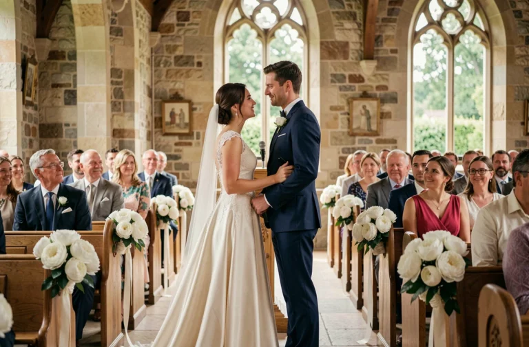 Mariés échangeant un regard tendre à l'autel d'une chapelle en pierre décorée de pivoines blanches lors d'une cérémonie de mariage élégante