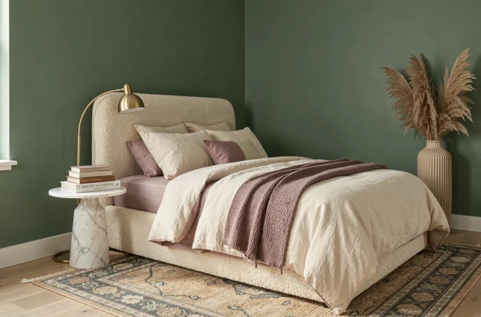 Coin chambre tendance avec tête de lit en bouclé, literie en coton biologique et mur vert sauge pour une déco intérieure personnalisée