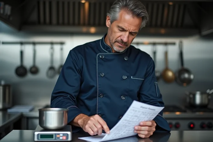 Chef cuisinier consultant une table de conversion grammes-litres avec une balance numérique dans une cuisine professionnelle