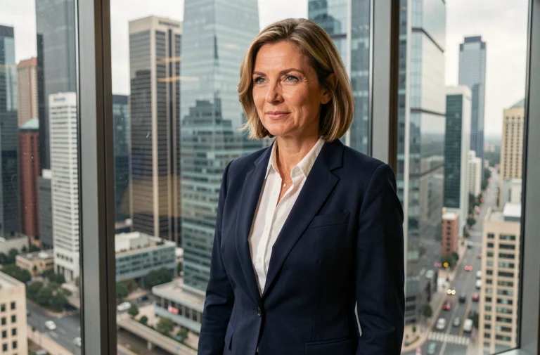 Femme d'affaires devant un skyline de gratte-ciels symbolisant la richesse économique mondiale et les grandes puissances financières