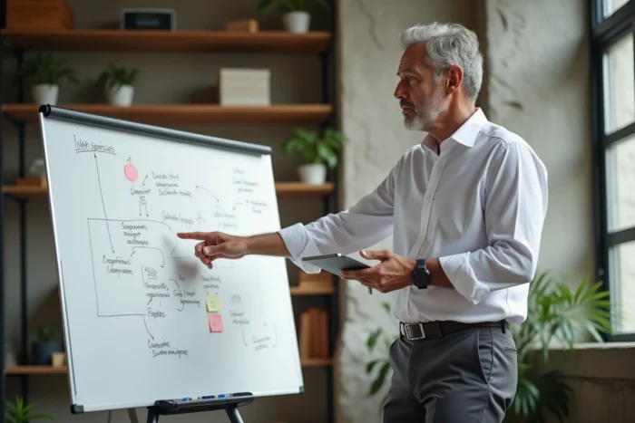 Coach professionnel masculin présentant des objectifs de développement sur un tableau blanc dans un espace de coworking