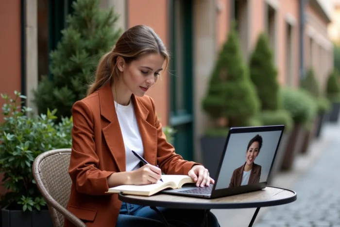 Jeune professionnelle travaillant sur ses objectifs de coaching personnel dans un café en terrasse à Paris
