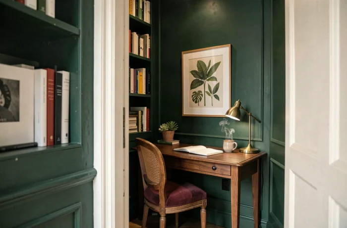 Coin bureau à domicile cosy avec étagères en vert forêt, bureau en noyer et chaise cannée dans un appartement haussmannien, idée aménagement maison