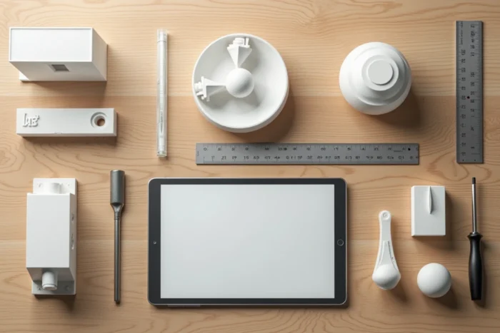Collection d'objets personnalisés imprimés en 3D disposés en flat lay sur une table en bois clair