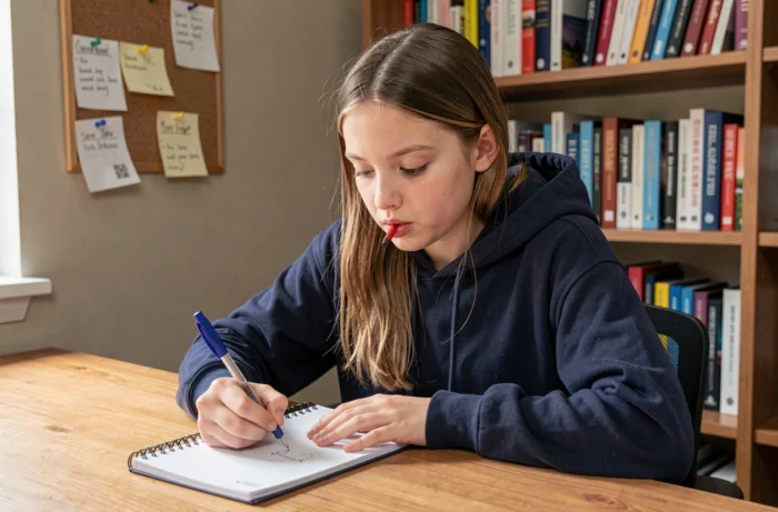 Collégienne de 5ème en train d'écrire une rédaction dans son cahier à son bureau