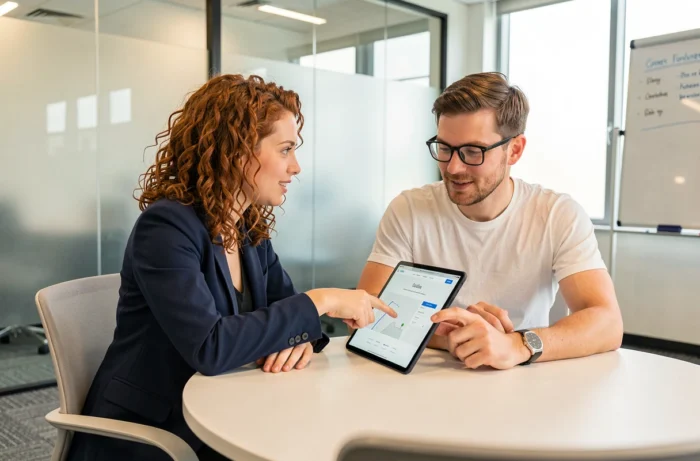 Deux collègues découvrant ensemble un site web innovant sur une tablette lors d'une réunion collaborative en entreprise