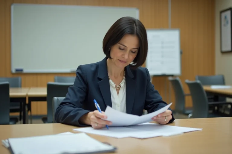 Une femme en blazer marine examine des dossiers lors d'une commission d'attribution de logement social en salle de réunion
