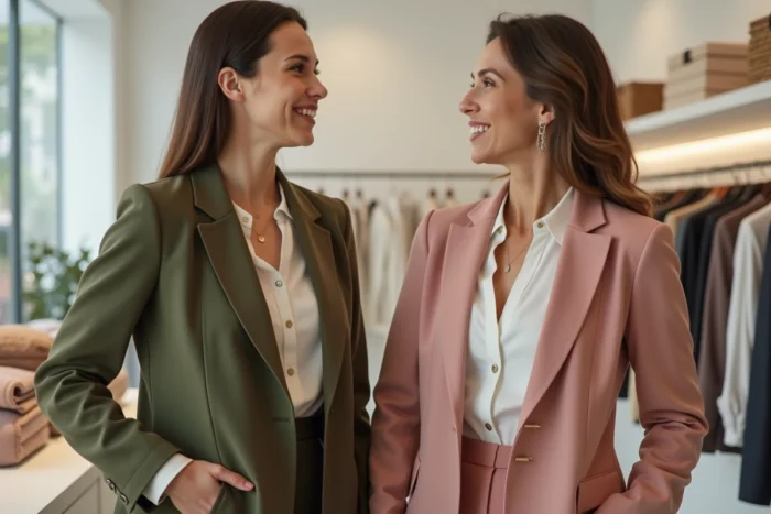 Deux femmes comparant l'ajustement d'un blazer taille M dans une boutique de vêtements