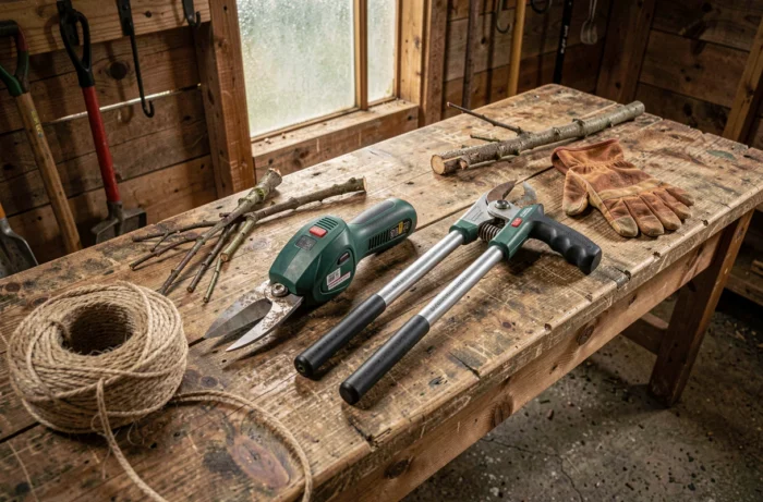 Comparaison d'une élagueuse à batterie et d'un sécateur sur un établi en bois dans un atelier de jardin