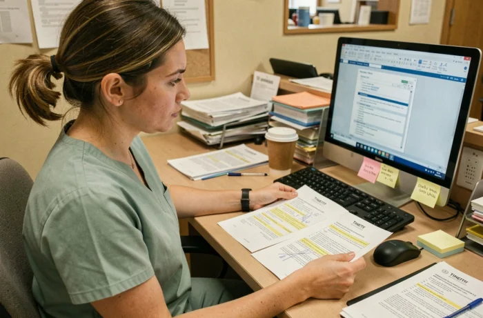 Ergothérapeute comparant deux versions imprimées du formulaire PDF du test de Tinetti avec des corrections manuscrites sur un bureau de clinique