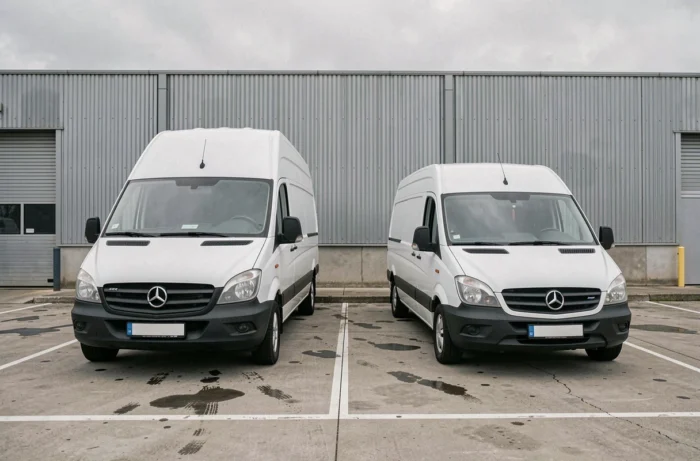 Comparaison côte à côte d'un fourgon H2 et d'un fourgon H3 garés dans un dépôt industriel pour illustrer la différence de hauteur de toit