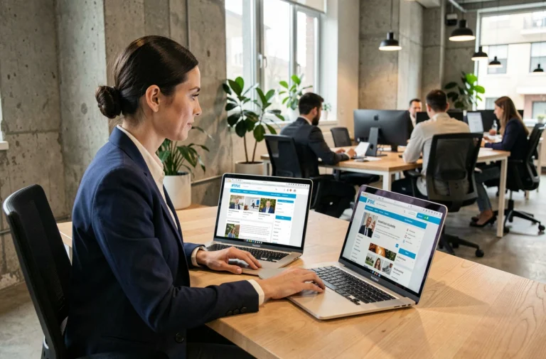 Professionnelle comparant des plateformes d'emploi spécialisées et généralistes sur deux écrans d'ordinateur portable dans un bureau moderne