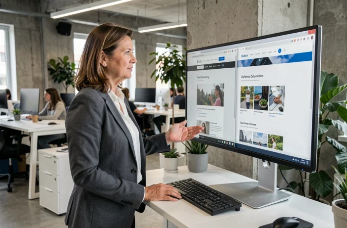 Femme professionnelle comparant des sites alternatifs sur un grand écran dans un open space moderne