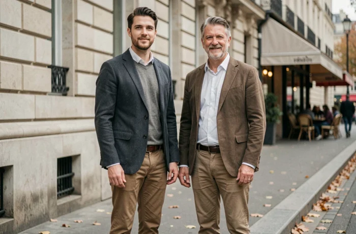 Deux hommes français d'âges différents côte à côte dans une rue parisienne, montrant la variation de taille parmi les hommes en France en 2025