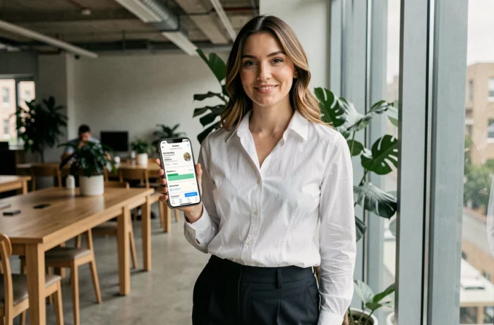 Femme professionnelle consultant les statistiques de gains sur une application de plateforme d'abonnement en ligne