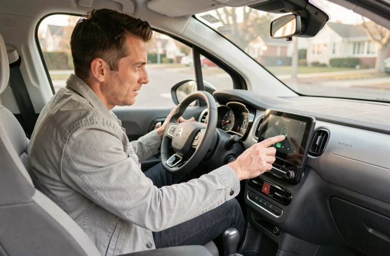 Conducteur désactivant le mode économie sur l'écran tactile d'une Citroën C3 depuis le siège conducteur