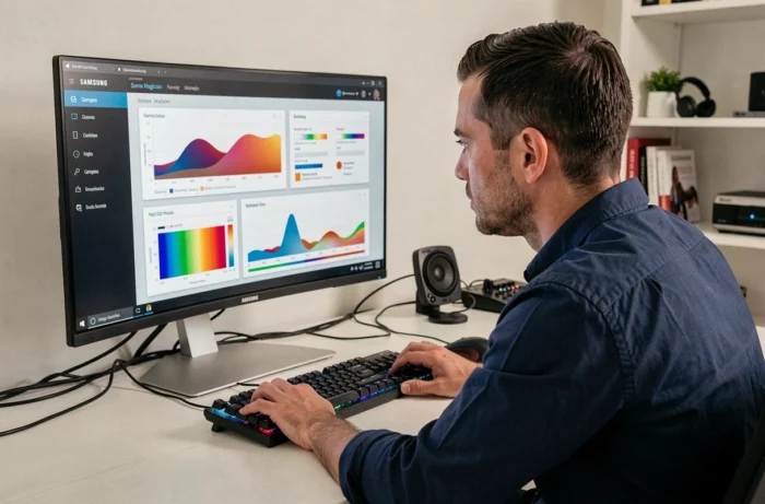 Homme configurant Samsung Magician sur un écran d'ordinateur dans un bureau moderne pour optimiser les performances d'un SSD