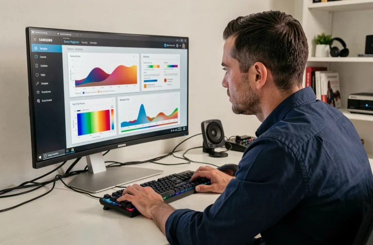 Homme configurant Samsung Magician sur un écran d'ordinateur dans un bureau moderne pour optimiser les performances d'un SSD