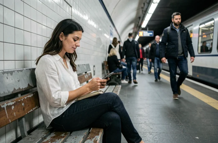 Jovem mulher se conectando ao MyPeopleDoc em seu telefone no metrô parisiense