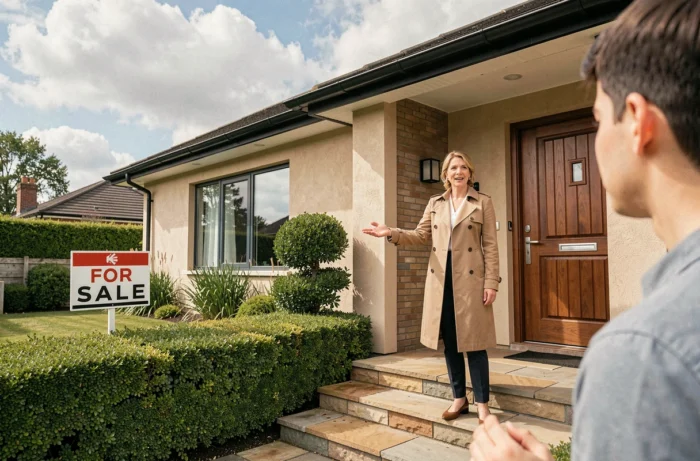 Conseillère immobilière présentant une maison contemporaine à vendre à des acheteurs potentiels devant la façade du bien